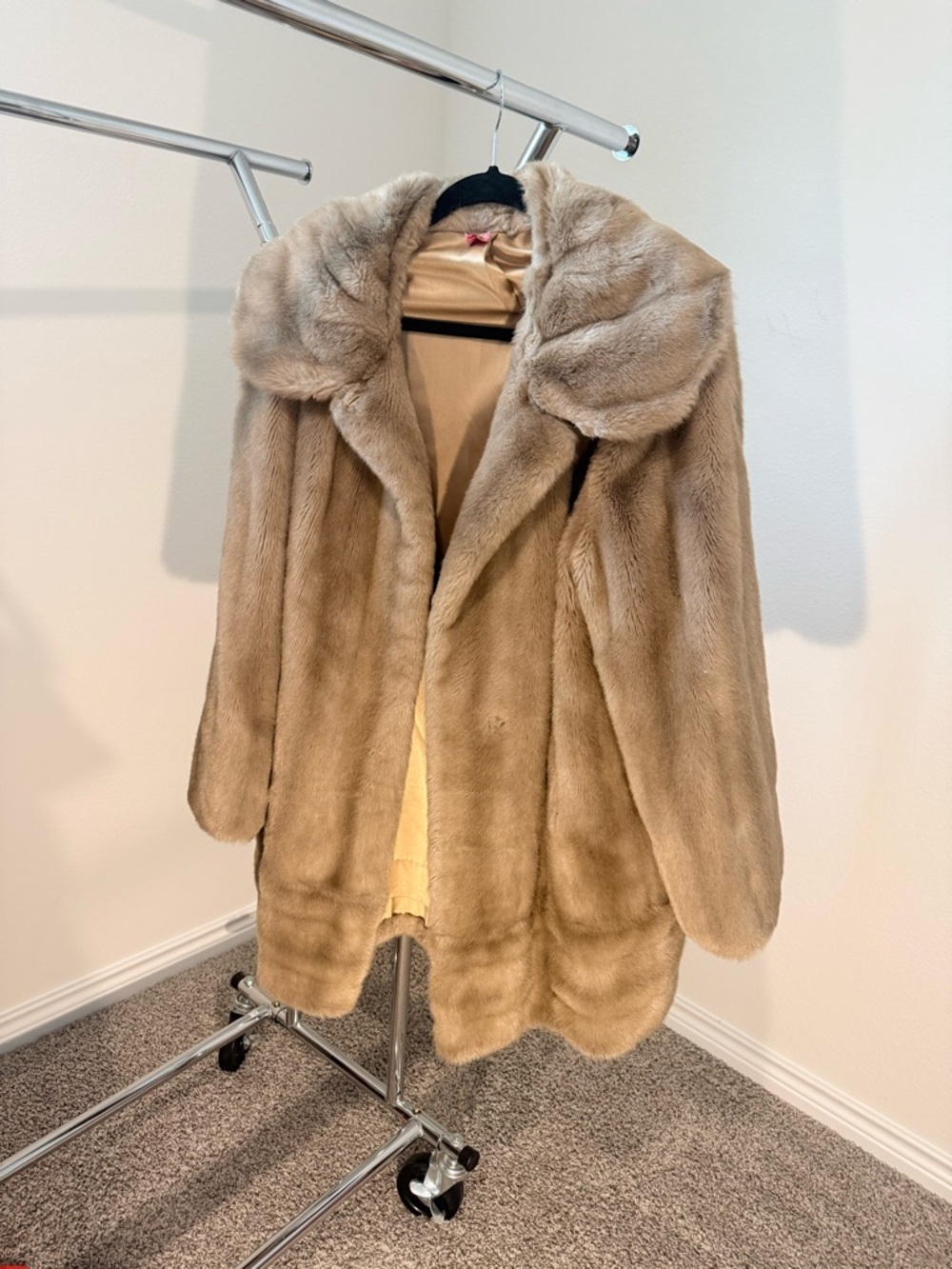 Tissavel of France Light Beige Faux Fur Pea Coat with Plush Collar